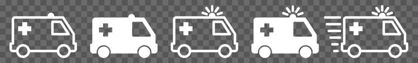 Ambulance Icon White | Medical Emergency Illustration | Alert Patient Transport Symbol | Siren Vehicle Logo | Fast Transportation Sign | Isolated | Variations