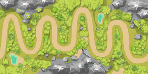 Winding road in the landscape. Top view. Mountain landscape with serpentine road. Mountains, hills, trees, road. (View from above) Path for travel in the park. © Алексей Шпадарук