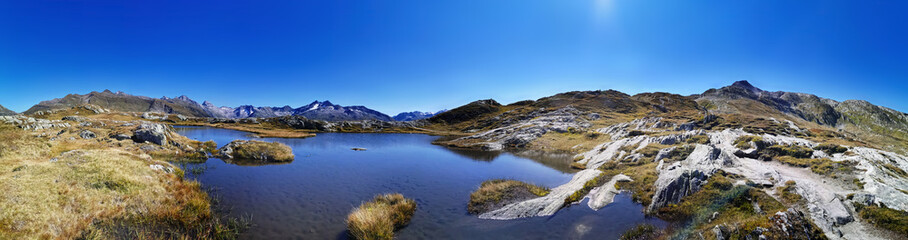 panorama scenery of the swiss alps. Lake at the top of grimsel p