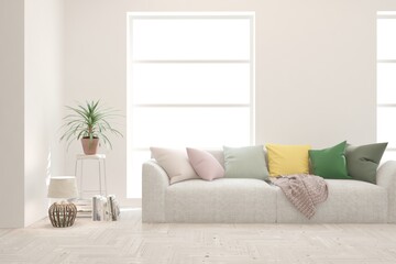 White living room with sofa. Scandinavian interior design. 3D illustration