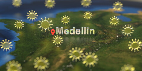 Sunny weather icons near Medellin city on the map, weather forecast related 3D rendering