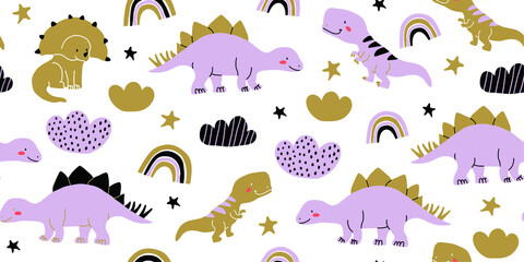 Cute vector seamless pattern with dinosaurs, stars, clouds, rainbows on white background. Dino pattern for kids textile, clothing, fabrics. Scandinavian pattern in hand drawn doodle style