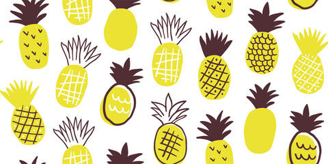 Cute vector seamless pattern with pineapples on white background. Juicy tropical pattern in minimalistic doodle style. Perfect summer vacation t-shirt pattern design