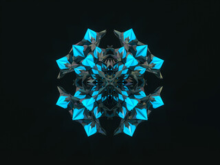 Abstract 3d geometric crystal mandala flower with neon light. faceted gem, winter snowflake.