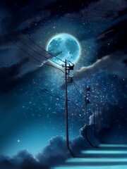bluely full moon and silhouette of electric poles in night sky
