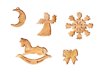 Hand drawn watercolor illustration of a Christmas tree wooden toys set. Isolated on white background. New Year's symbol for design, print, card.
