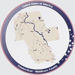 Round button with detailed map of Middlesex County in Connecticut, USA.