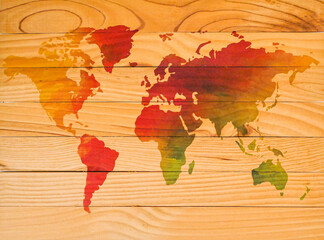 World map, painted in a wooden surface