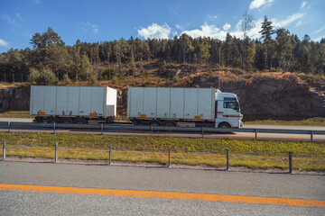 Truck transport on motorway in motion 