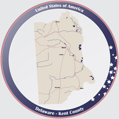 Round button with detailed map of Kent County in Delaware, USA.