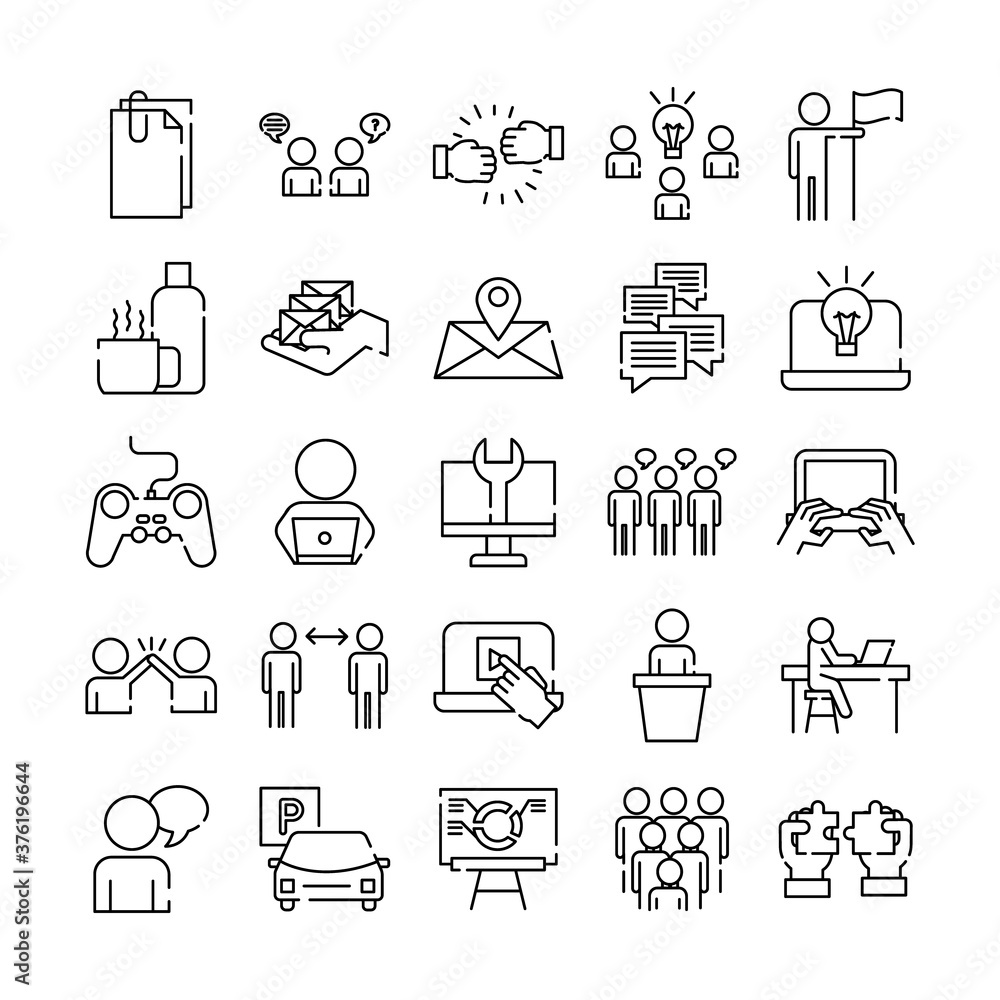 Poster bundle of twenty five coworking set collection line style icons