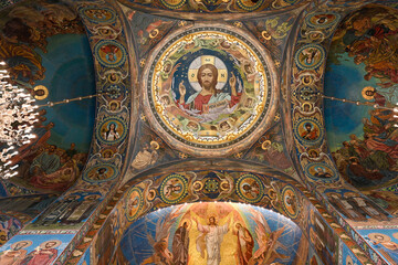 Temple, frescoes, Peterhof, Interior with frescoes, icons and the altar of the Church of the Savior on Spilled Blood in St. Petersburg, Russia - August 23, 2020.