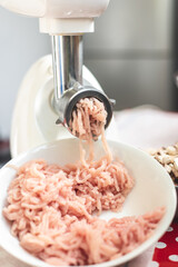 meat grinder and freshly ground meat on the kitchen table