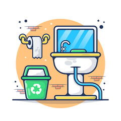 Public Toilet Mirror and Trash with Tissue Interior Vector Illustration. Set Toilet Interior. Flat Cartoon Style Suitable for Sticker, Wallpaper, Icon, etc.