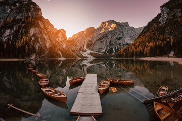 Autumn at Braies lake, Italy. Famous lake in the Dolomites. 