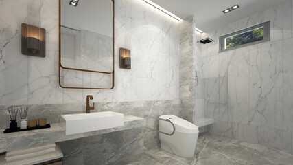 Modern cozy bathroom and restroom for senior mock up interior design and marble wall background