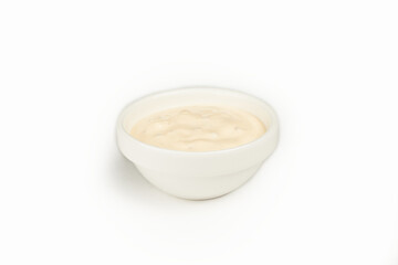 Iceberg sauce in a bowl on a white background. For the restaurant menu. Traditional Japanese sushi seasoning. Healthy eating