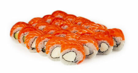 Sushi roll Philadelphia with avocado decorated with herbs on a plate, classic Japanese sushi. Traditional Japanese food with maki. Delicious pieces of sushi. For the restaurant menu. copyspace.