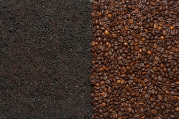 Black tea leaves and roasted coffee beans as background.