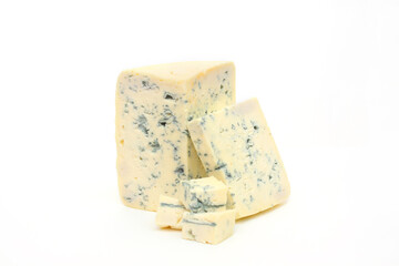 Blue cheese isolated. Delicious milk solid product on a white background. Cold appetizing appetizer.