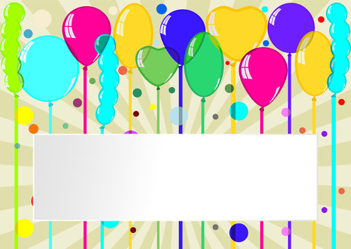 Happy birthday card. Celebration yellow background with colorful balloons, gift boxes and place for your text. vector illustration 