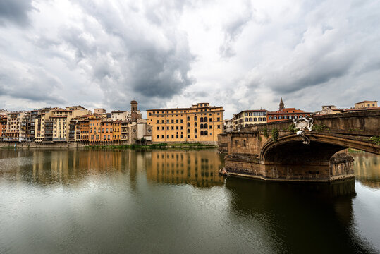 Florence cityscape, Santa Trinita Bridge (XVI century) and the River Arno, UNESCO world heritage site. Tuscany, Italy, Europe