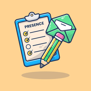 Checklist Presence Vector Illustration. Pencil with Letter. Back to School. Board Presence Class Equipment. Class Time. Flat Cartoon Style Suitable for Sticker, Wallpaper, Icon, Landing Page, Web.