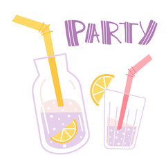 Lemonade in a bottle, a glass of fresh lemon juice and the inscription party. Welcome drink. Party greeting card