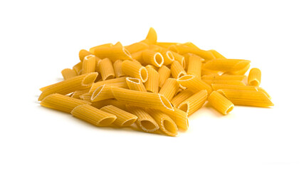 Raw penne rigate shape of italian pasta on white background. High quality photo