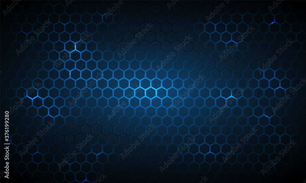 Poster dark blue technology hexagonal vector background. abstract blue bright energy flashes under hexagon 