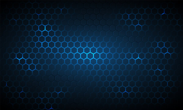 Dark blue technology hexagonal vector background. Abstract blue bright energy flashes under hexagon in navy blue technology, modern, futuristic vector illustration. Blue honeycomb texture grid.