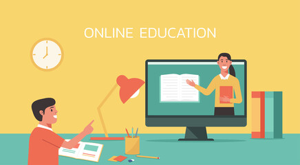 online class, online education concept, distance learning from home, female teacher connecting to student via video call on computer, vector flat illustration