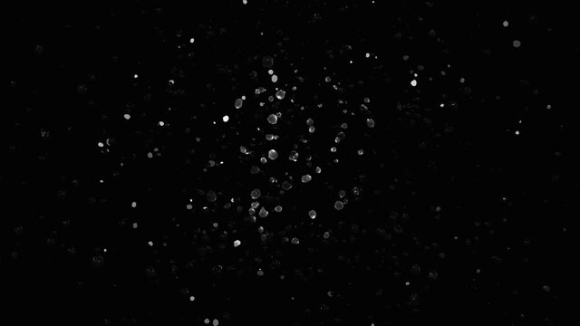 Close up of winter ice crystals particles flying in black space of microelectronic space forms. 3d animation, composition graphics chemical rotating elements, structures on isolated black background.