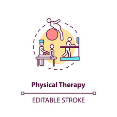Physical therapy concept icon. Professional physician aid, physiotherapy idea thin line illustration. Trauma recovery, injury rehabilitation. Vector isolated outline RGB color drawing. Editable stroke