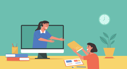 online class, online education concept, distance learning from home, student using computer assign homework to teacher, vector flat illustration