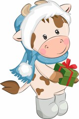The symbol of the new 2021 - a cow with a gift on a white isolated background. Vector illustration