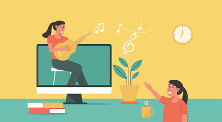 online music class, online education concept, distance learning from home, female teacher show her student guitar skill via video call on computer, vector flat illustration