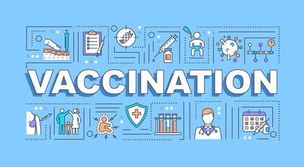 Fototapeta na wymiar Vaccination word concepts banner. Diseases prevention. Immunization campaign infographics with linear icons on blue background. Isolated typography. Vector outline RGB color illustration