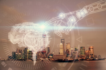 Brain hologram drawing on city scape background Double exposure. Brainstorming concept.