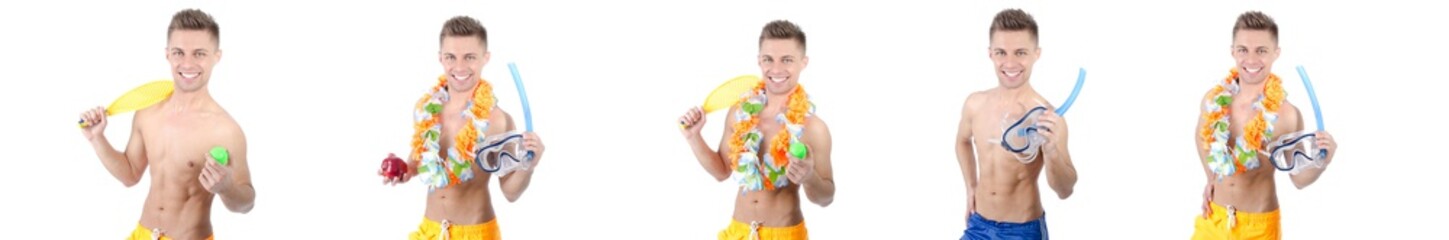 Study, work and vacation. Young attractive student. White background. 