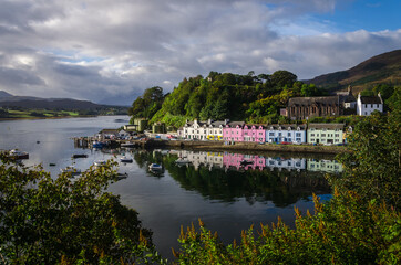 City landscape of Portree in the morning with a cloudy sky, Isle of Skye, Scotland, United K