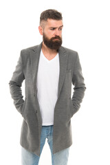 Simple and casual. Casual outfit. Menswear and fashion concept. Man bearded hipster stylish fashionable jacket. Casual jacket perfect for any occasion. Feeling comfortable in natural fabric clothes