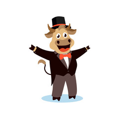 Cute cartoon bull in a tailcoat on a white isolated background. Vector illustration with the symbol of the Chinese New year 2021