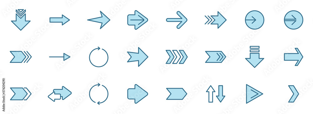 Aufkleber different arrows outline icons in two colors. set of 24 high quality blue web icons for mobile apps,