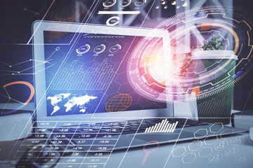 Multi exposure of desktop with personal computer and tech theme drawing. Concept of Bigdata.