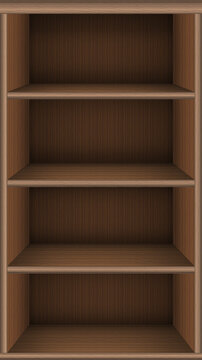Bookshelf virtual library. Vector realistic wooden online media books background. Book store shelf template. Phone screen size. Isolated graphic illustration.