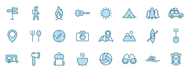 camping outline icons in two colors for web, mobile and ui design. camping blue vector icons isolated on white background
