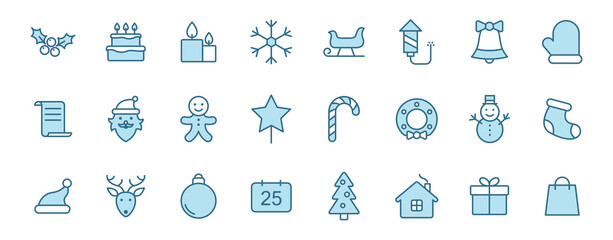 christmas outline icons in two colors for web, mobile and ui design. christmas blue vector icons isolated on white background
