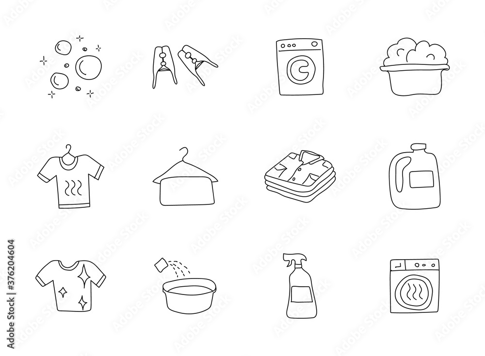 Aufkleber laundry hand drawn linear vector icons isolated on white background. laundry doodle icon set for web