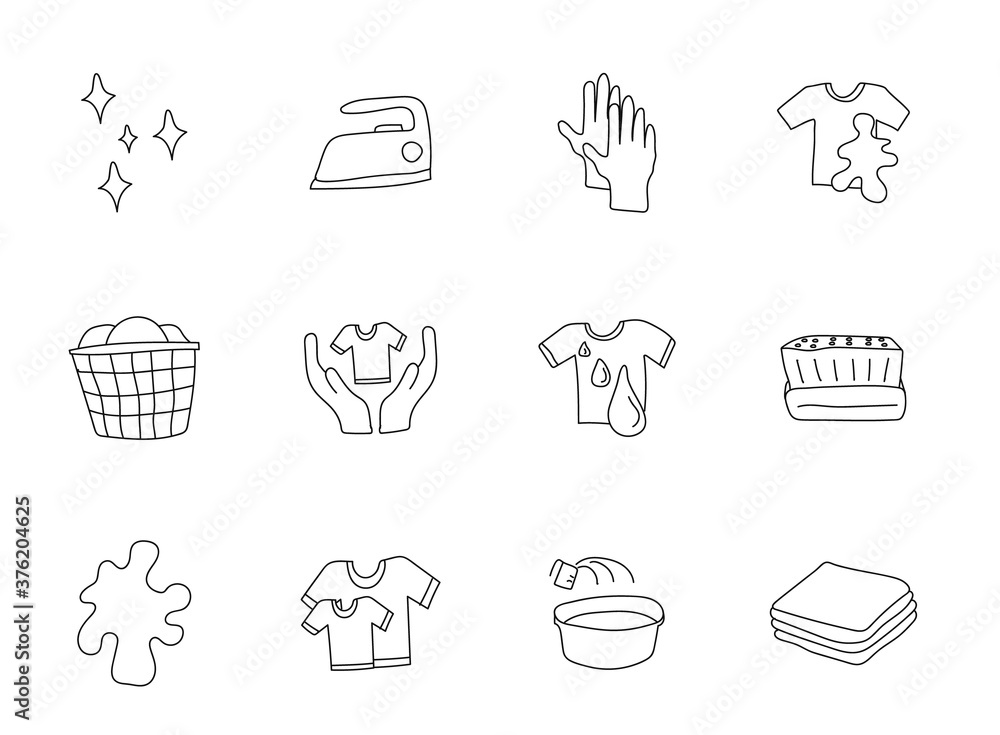 Poster laundry doodles isolated on white. laundry icon set for web design, user interface, mobile apps and 